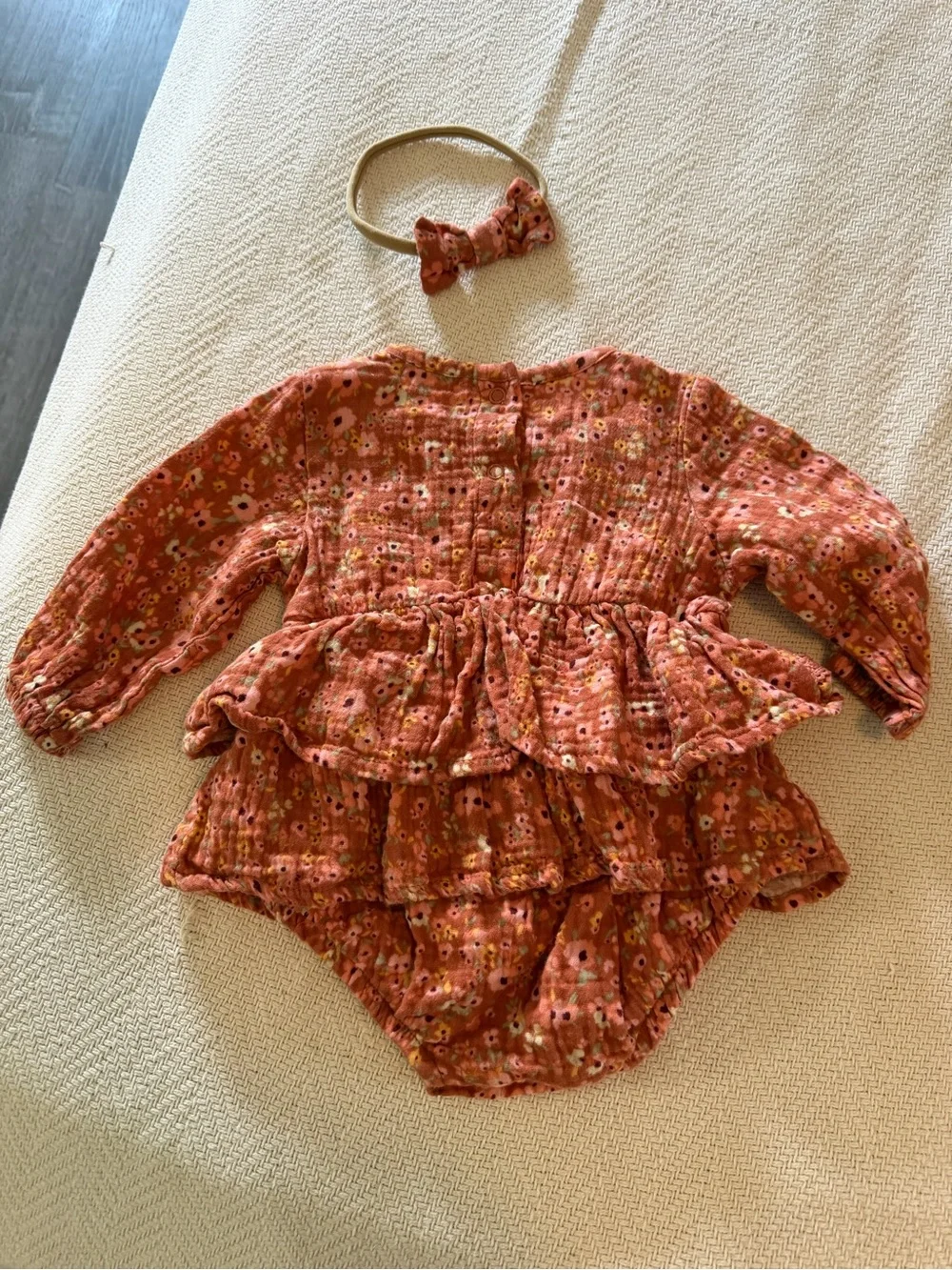 Cynthia Rowley Rust Floral Ruffle Baby One-Piece with Bow Headband